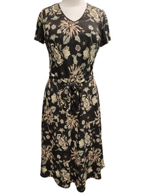 Croft & Barrow Size 12 Black Floral Midi Dress Short Sleeve V-Neck Belted Lined
